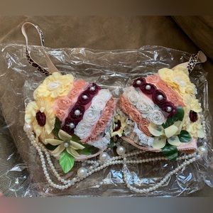 Super Cute Custom 3D Floral Pearls Bra Size 34C